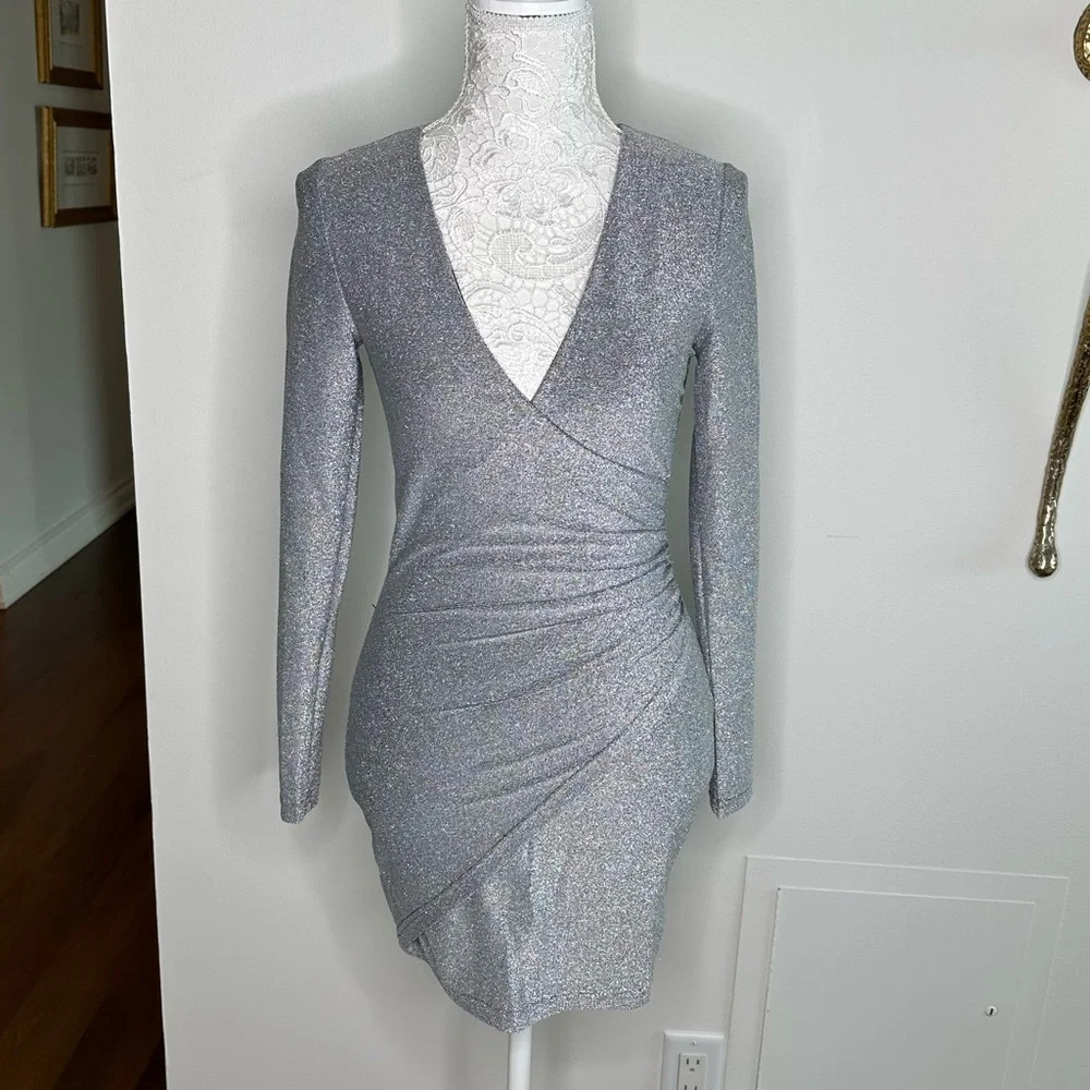 Superdown Silver Glittery Long-Sleeve Mini Dress Sz. S